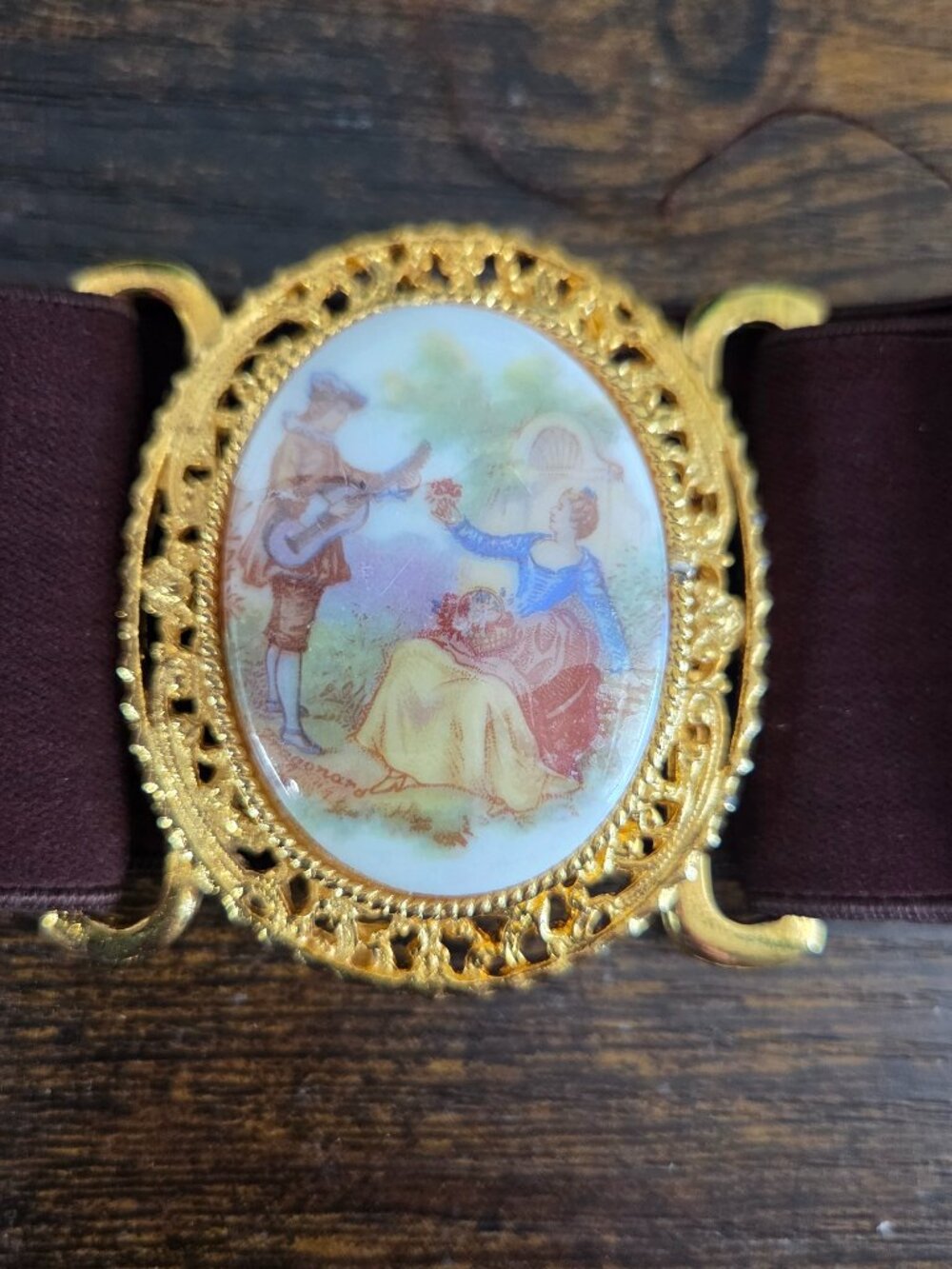 Vintage Victorian Edwardian Belt with Painted Lovers on Clasp